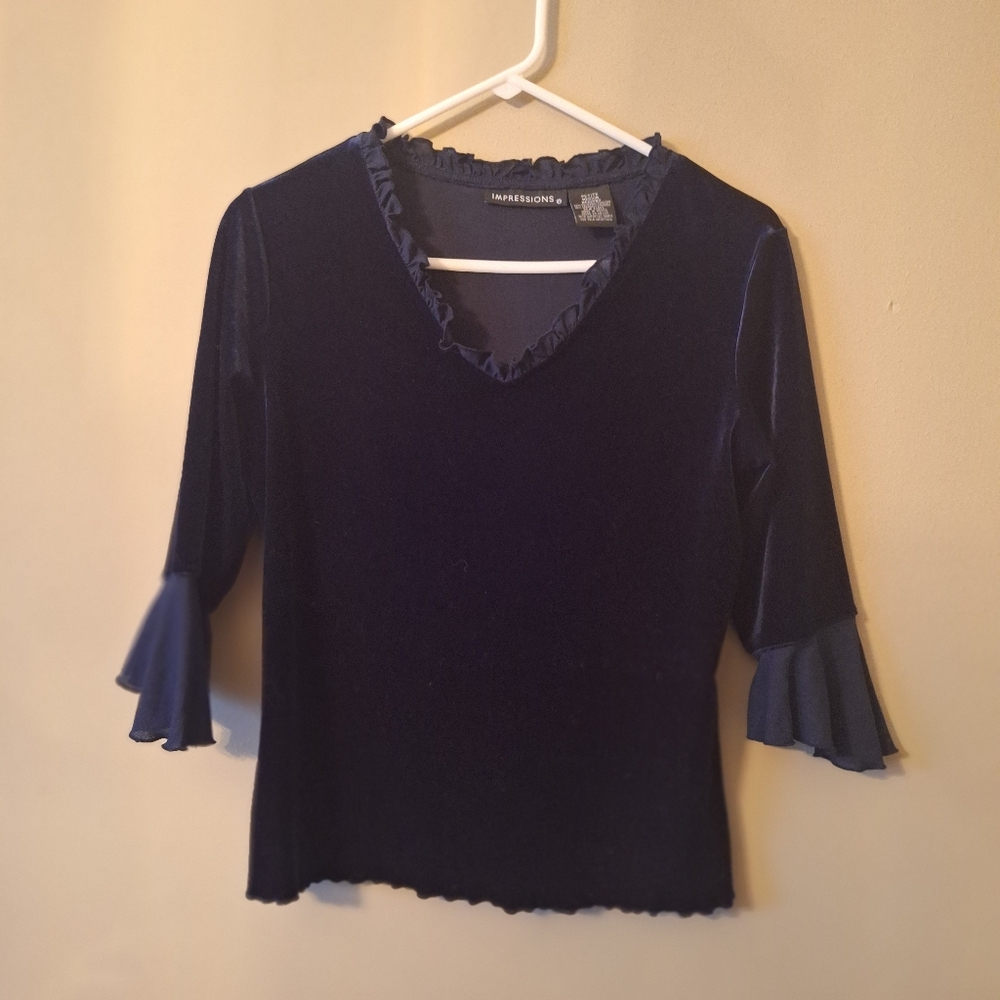 Velvet Dark Blue Ruffled top with 3/4 Sleeves & Ruffles Medium P